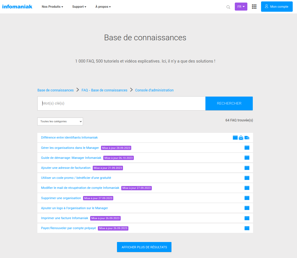 Capture de la page d'accueil de la base de connaissances d'infomaniak