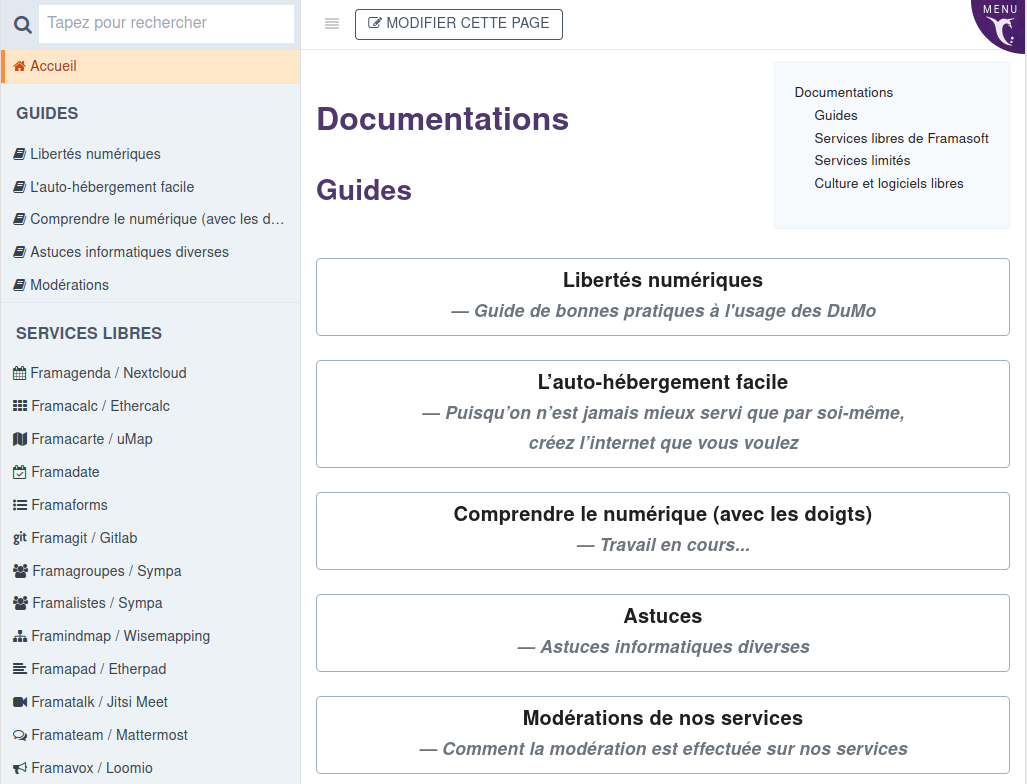 Capture de la page d'accueil du site https://docs.framasoft.org/