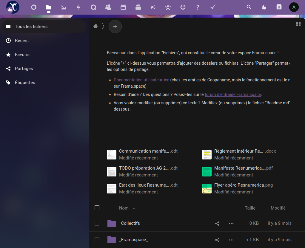 Capture d'une page d'accueil d'un espace Framaspace