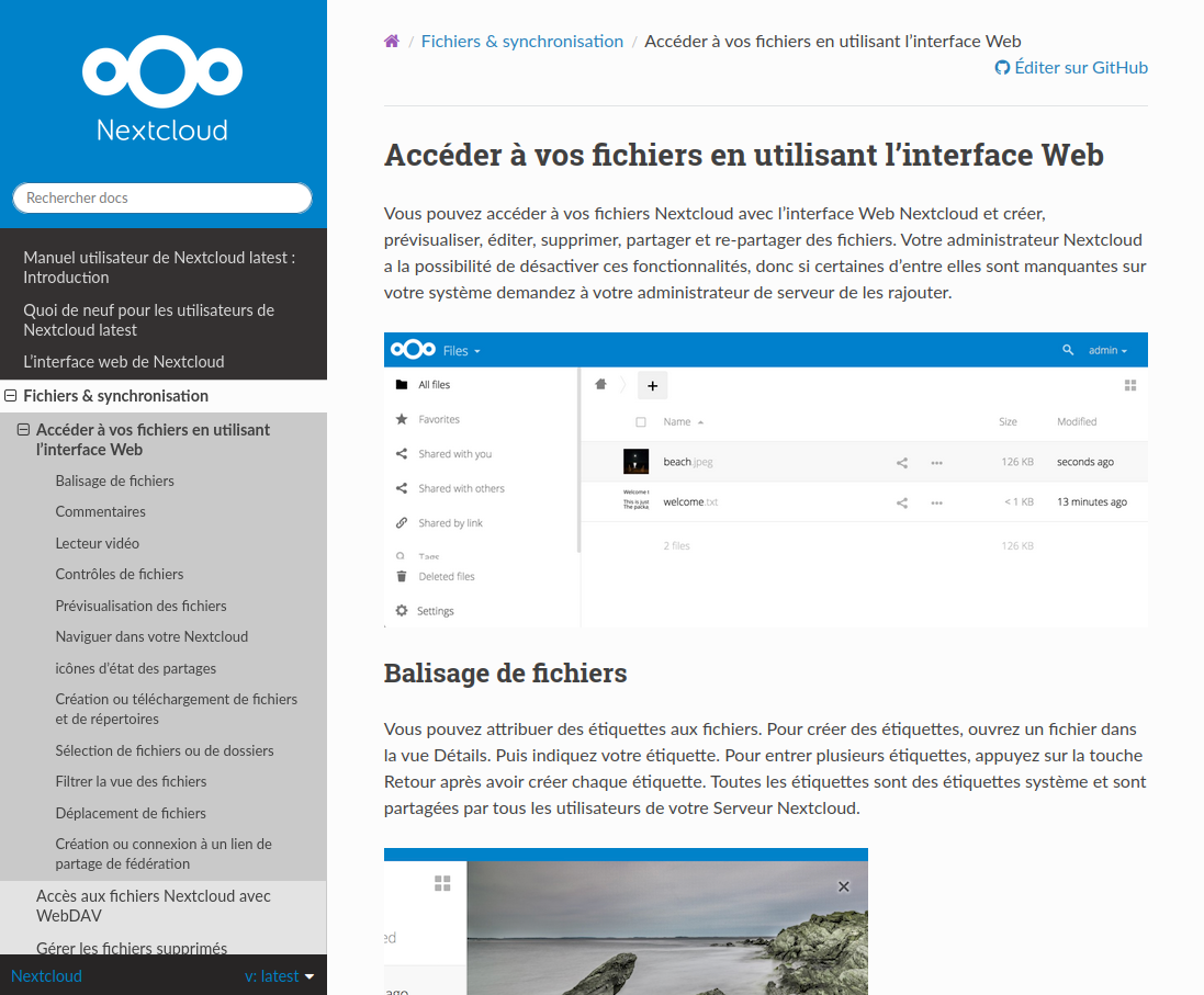 Capture d'une page du site de documentation du logiciel Nextcloud