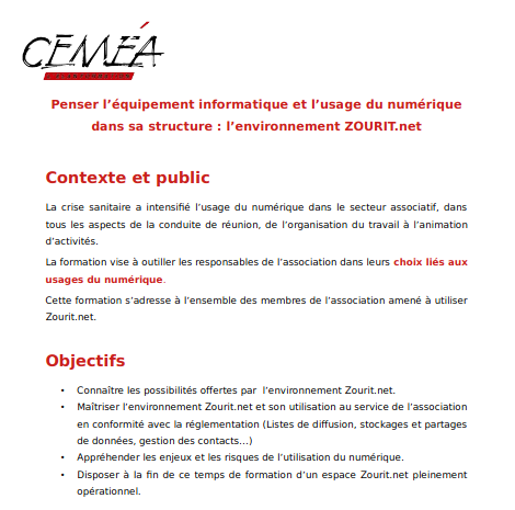 Capture de l'offre de formation proposée par Zourit