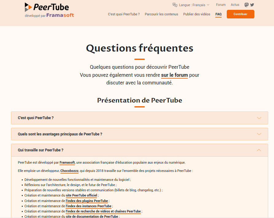 Capture de la page web de la FAQ du site https://joinpeertube.org/