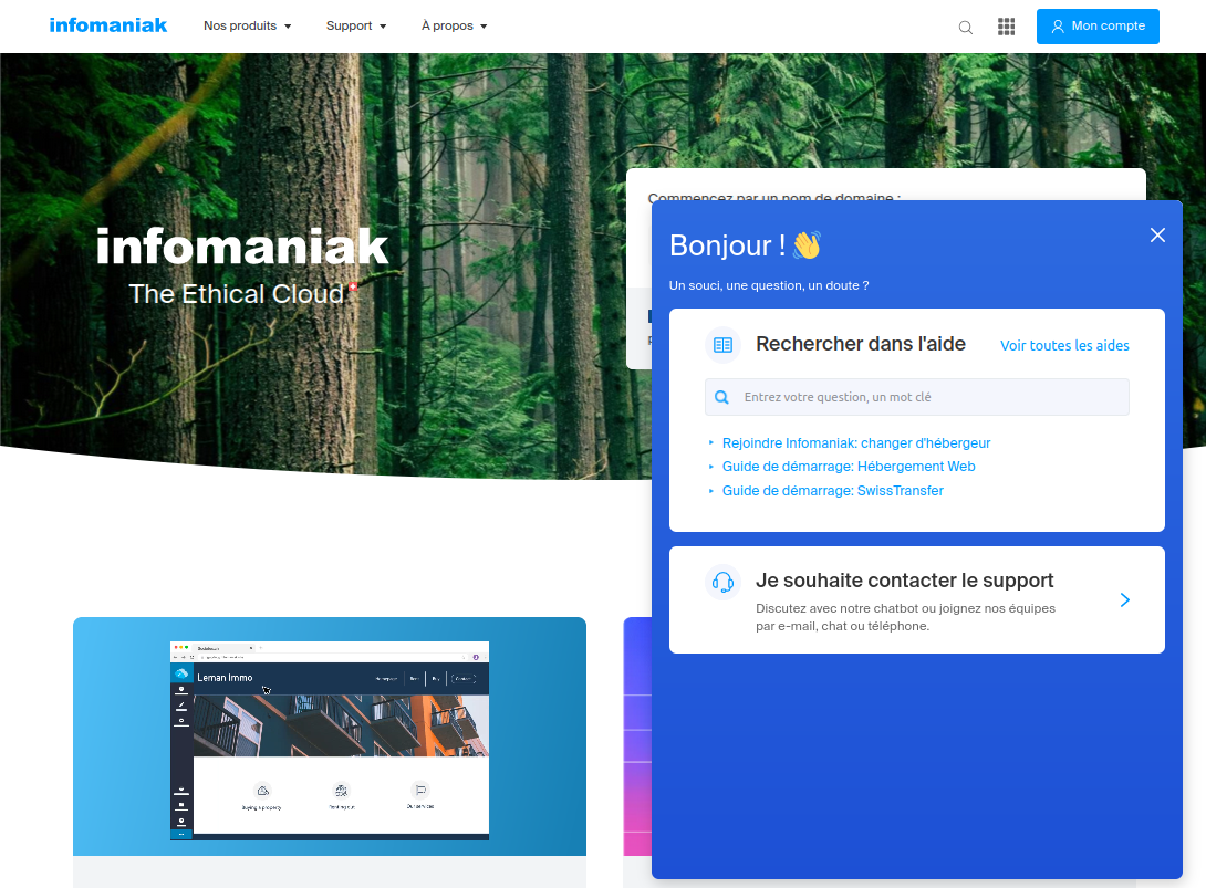 Capture de la page d'accueil du site Infomaniak avec la fenêtre du support activée