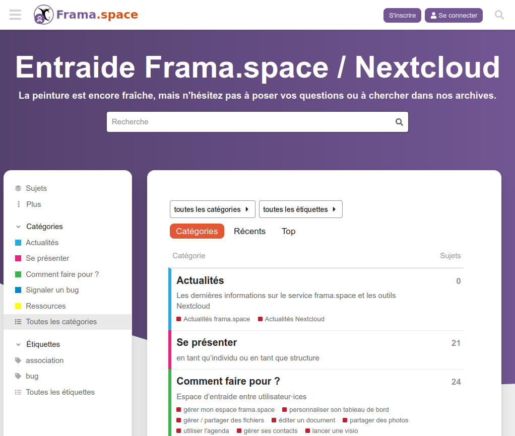 Capture de la page d'accueil du forum Frama.space (https://forum.frama.space/)