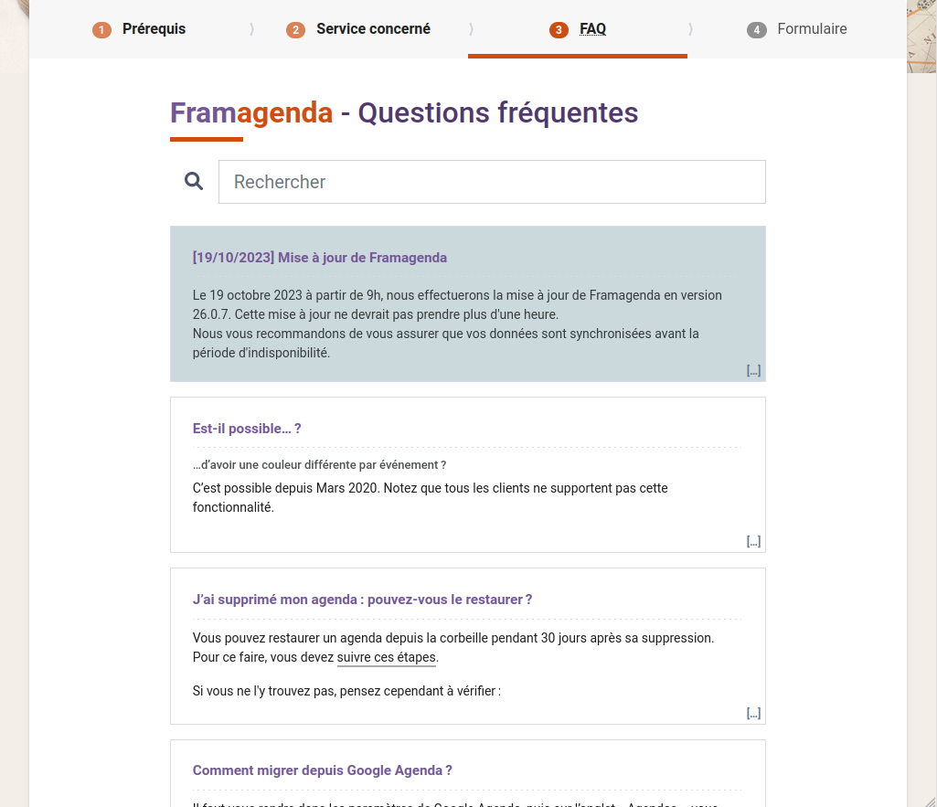 Capture de la page FAQ du service Framagenda