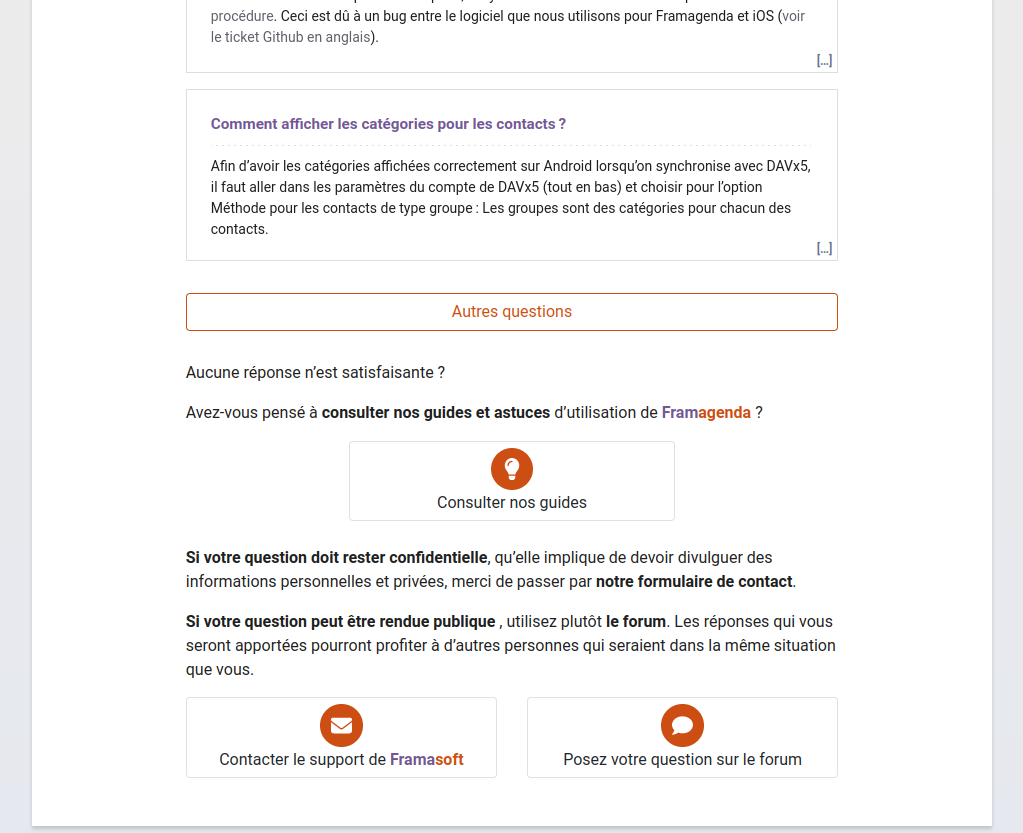 Capture de la fin de la page de support du service Framagenda