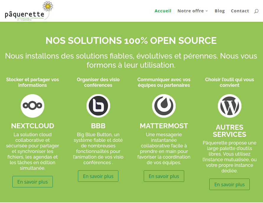 Capture de la page présentant les solutions proposées par pâquerette