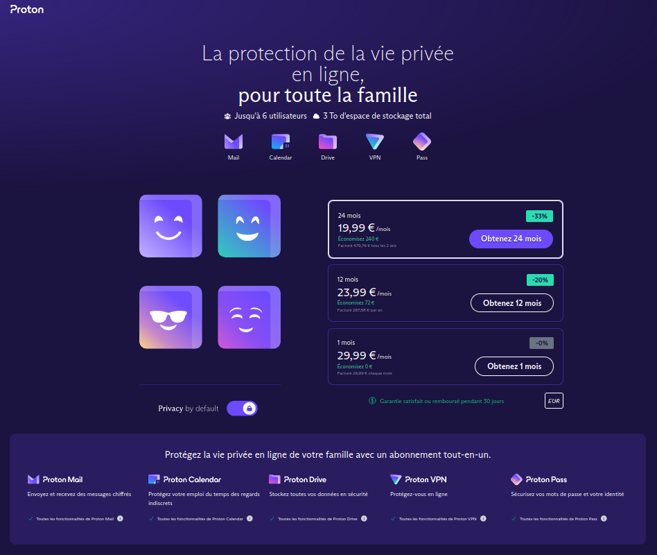 Capture de la page présentant l'offre Proton Family