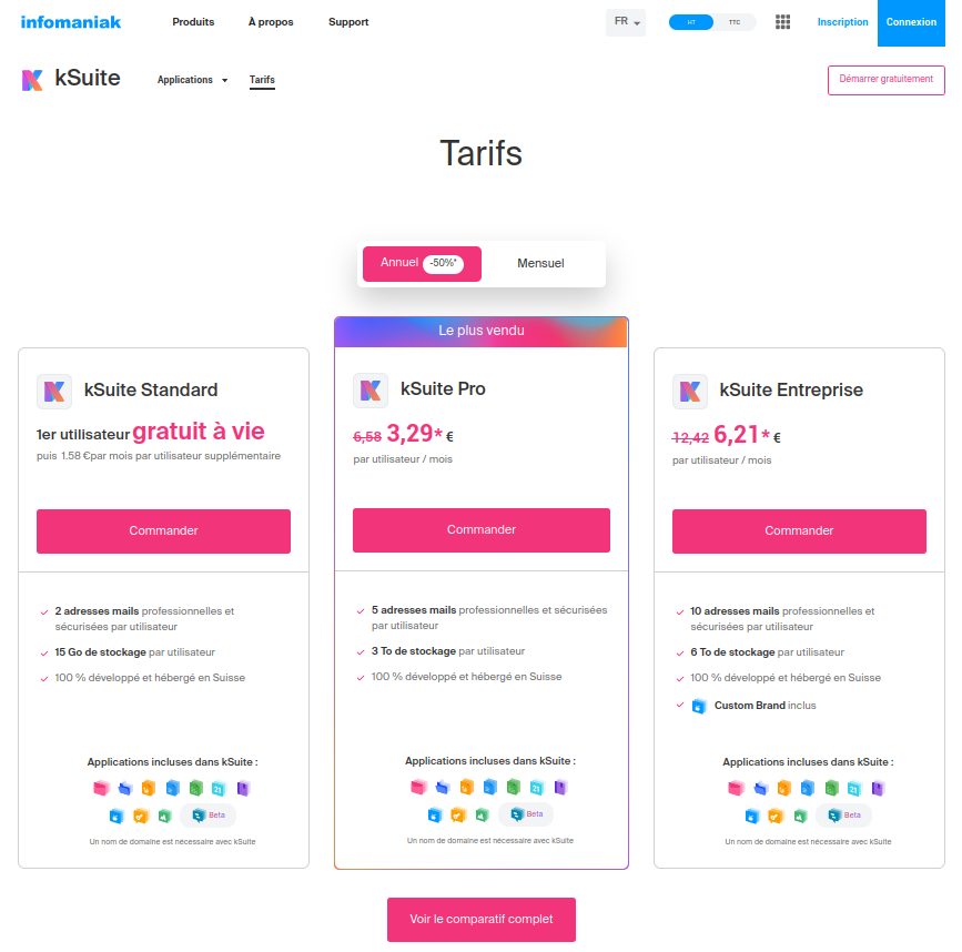 Capture de la page présentant l'offre kSuite d'infomaniak